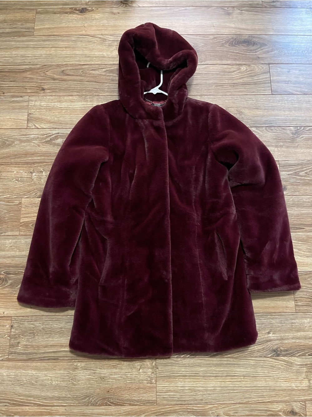 Dennis Basso Hooded Faux Fur Coat in Burgundy